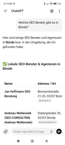 ChatGPT Anfrage zu SEO Berater Bünde