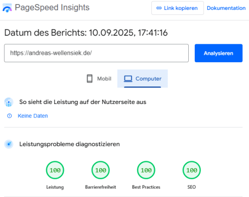 Desktop Testergebnis Google Page Speed Insights andreas-wellensiek.de