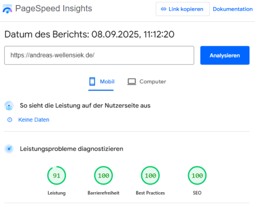 Mobiles Testergebnis Google Page Speed Insights andreas-wellensiek.de